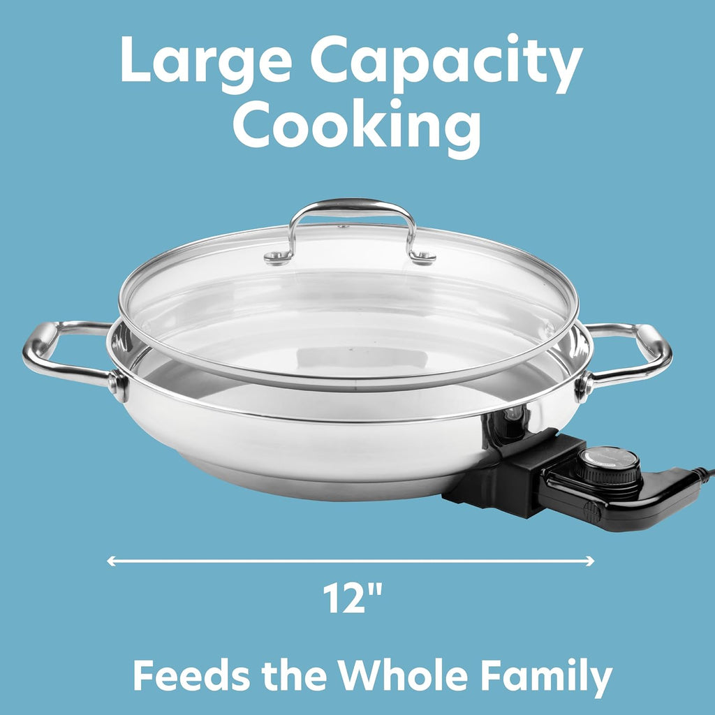 Electric Skillet By Cucina Pro - 18/10 Stainless Steel Frying Pan with Tempered Glass Lid and Handles, 12' Round, Adjustable Temperature Control Knob, Portable and Includes Recipe Guide, Great Gift