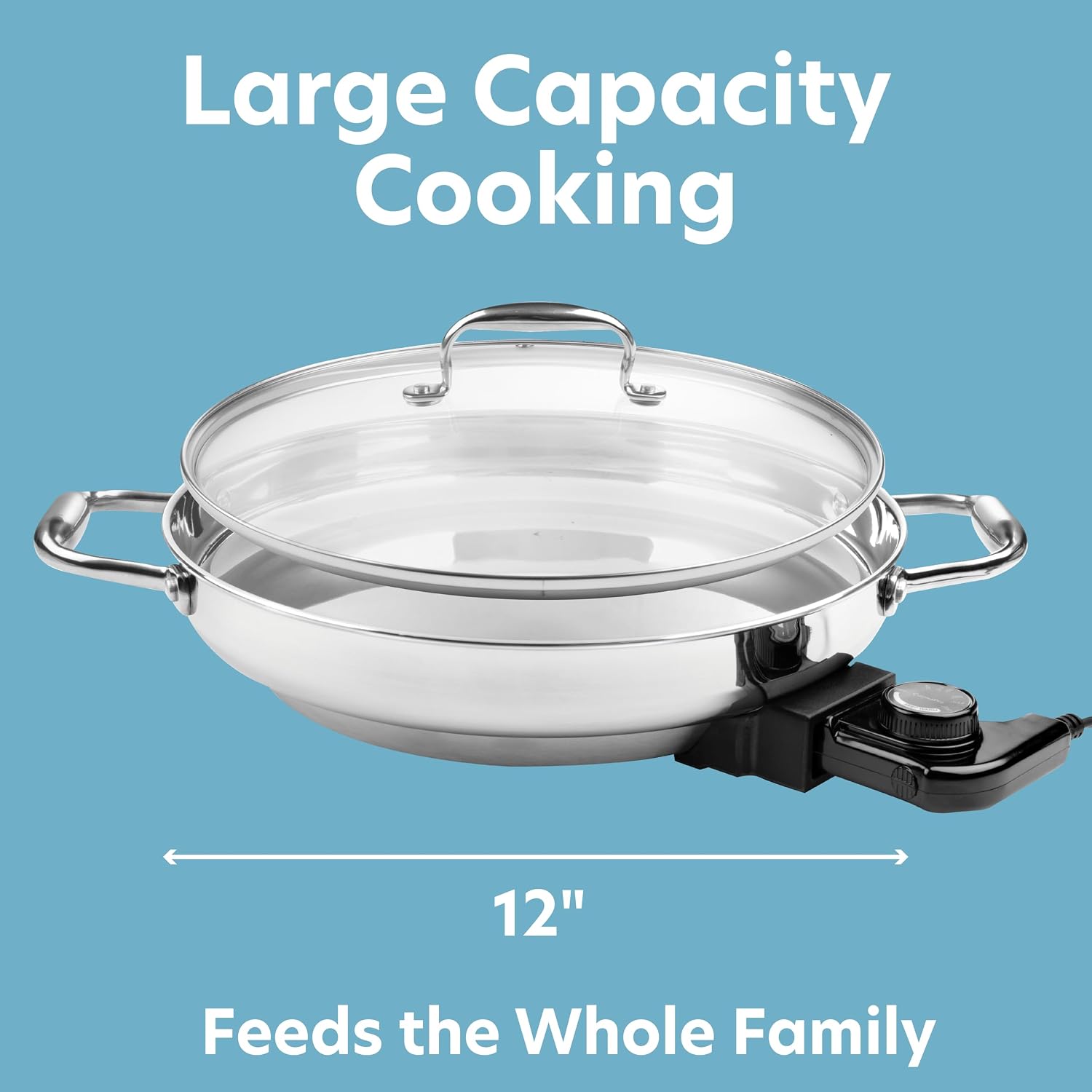 Electric Skillet By Cucina Pro - 18/10 Stainless Steel Frying Pan with Tempered Glass Lid and Handles, 12' Round, Adjustable Temperature Control Knob, Portable and Includes Recipe Guide, Great Gift
