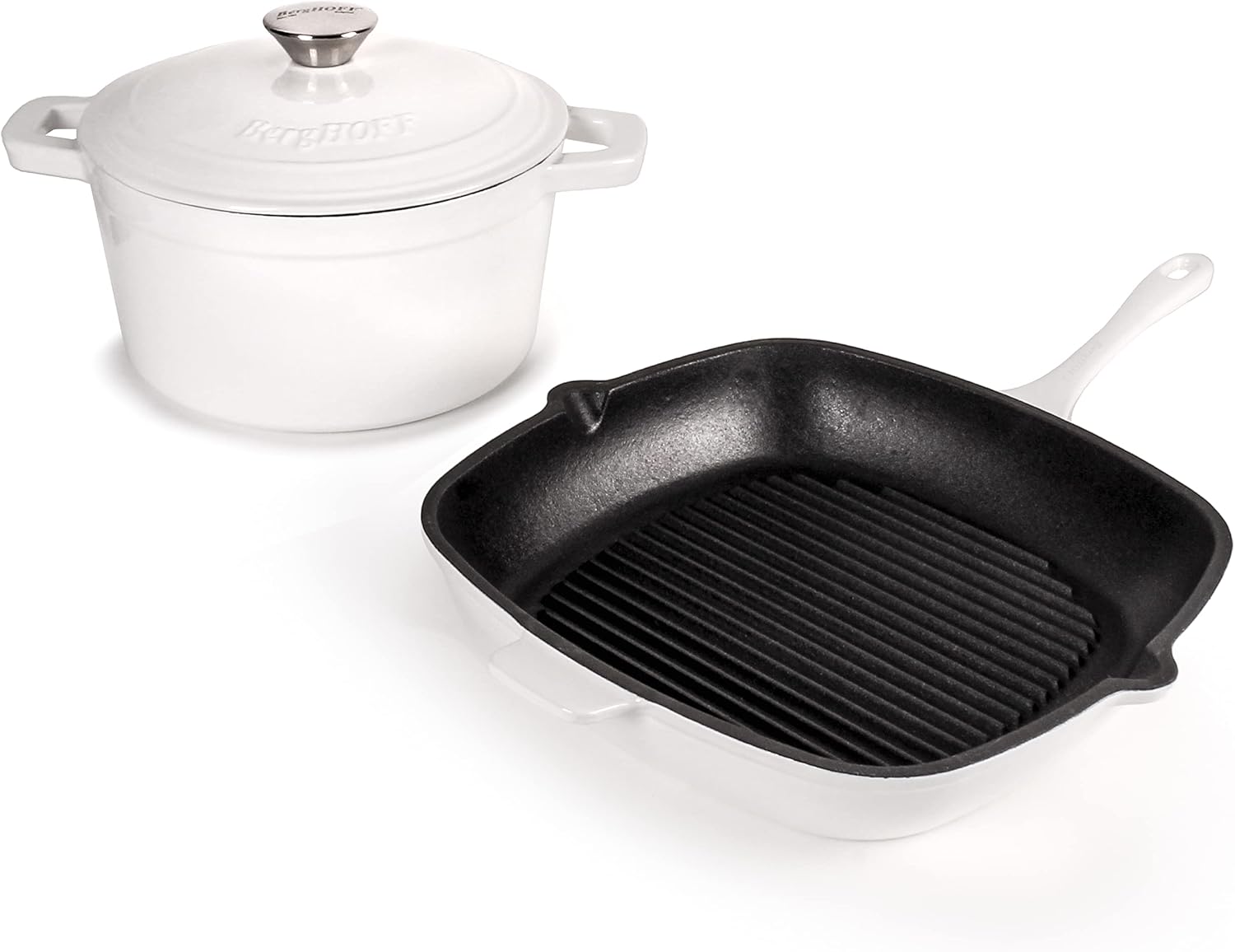 BergHOFF 3Pc Neo Enameled Cast Iron Cookware Set, 3qt. Dutch Oven, Matching Lid, Square Grill Pan 11 Inches, Oven Safe Up To 400°F, White