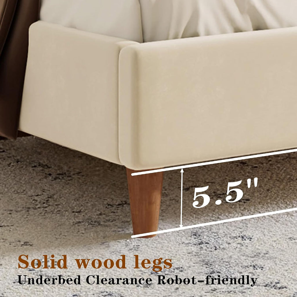 King Size Upholstered Platform Bed Frame, Modern Wingback Bed with Headboard, Upholstered Bed Frames with Walnut Wooden Legs, No Box Spring Needed/Easy Assembly, Beige Velvet