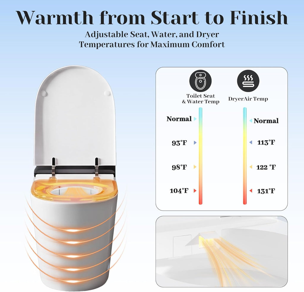 Luxury Smart Toilet with Bidet, Elongated One Piece Toilet with Heated Seat, Dryer, Auto Flush/Lid&Seat, Child Mode, Electric Tankless Toilets for Bathroom with Siphon Flush 1.28 GPF, MAP 1000g