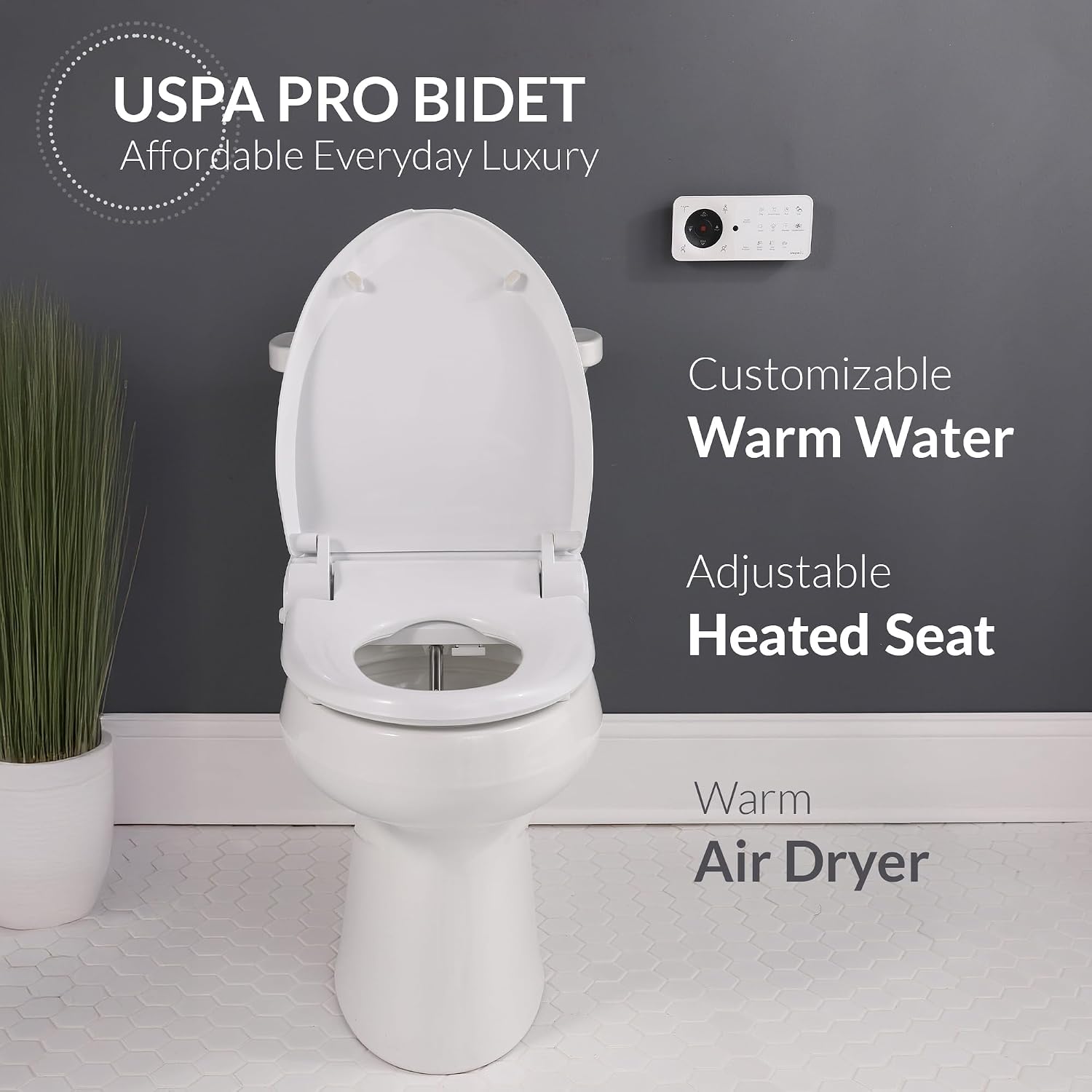 Bio Bidet USPA PRO Modern Bidet Seat, Warm Water, Heated Seat & Dryer, Remote Control, Round