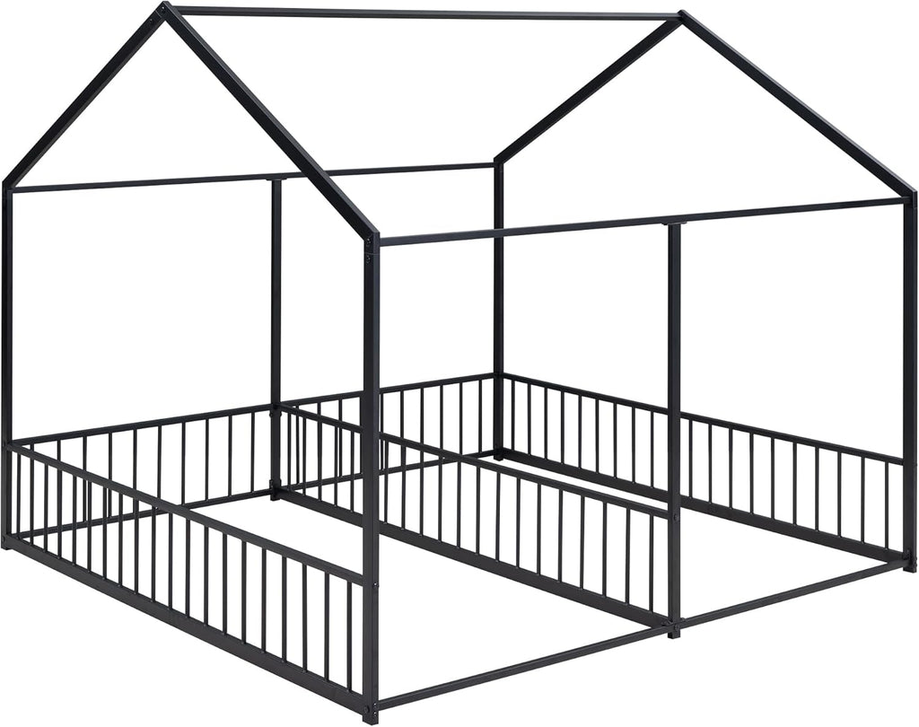 Double Floor Bed for Twins,Twin Size House Bed for 2 Kids,Two Shared Beds,Twin House Platform Beds,Metal Floor Bed Frame with Rails for Girls,Boys(Black)