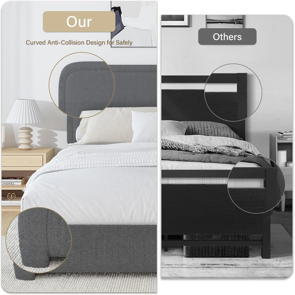 BarnFurin Twin Size Bed Frame, Boucle Upholstered Platform Bed Frame with Headboard, Soft Rounded Corners, No Box Spring Required, Non-Slip and Noise-Free, Easy Assembly, Dark Grey