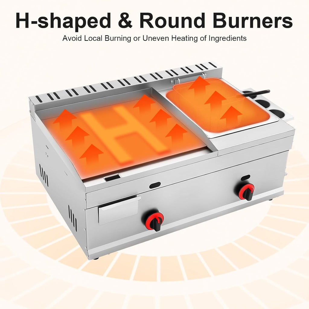 Stainless Steel Countertop Deep Fryer, 6L Commercial Propane Griddle Deep Fryer Combo Grill Food Cart with Removable Basket & 122-716℉ Temperature Control for Restaurant and Home Use