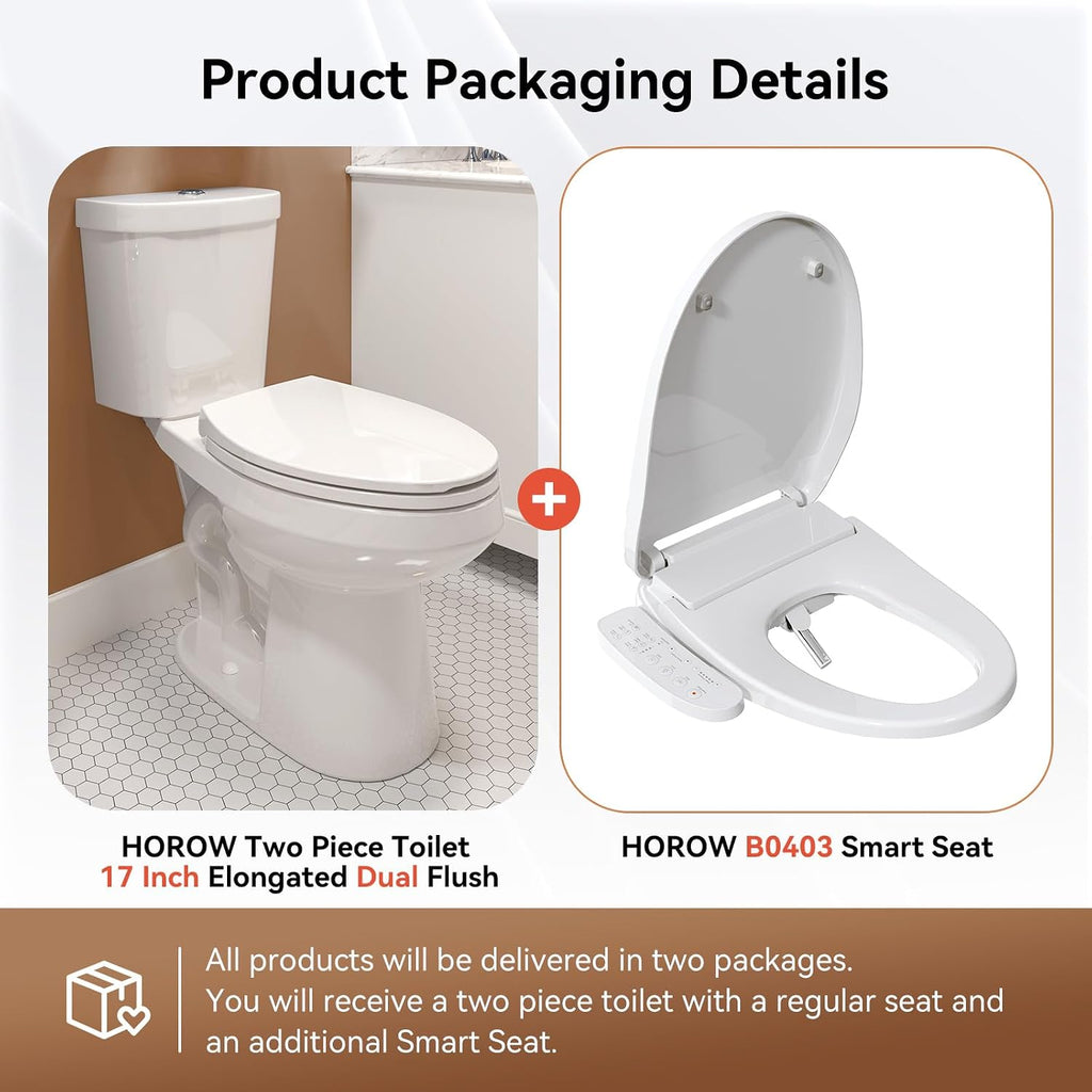 HOROW Two-Piece Elongated Tall Toilet with Smart Seat, 17 Inch ADA Height Toilet with Heated Seat, Powerful 1.1/1.6 GPF Dual Flush toilet, MAP 1000g, 12' Rough In High Bowl for Seniors, White