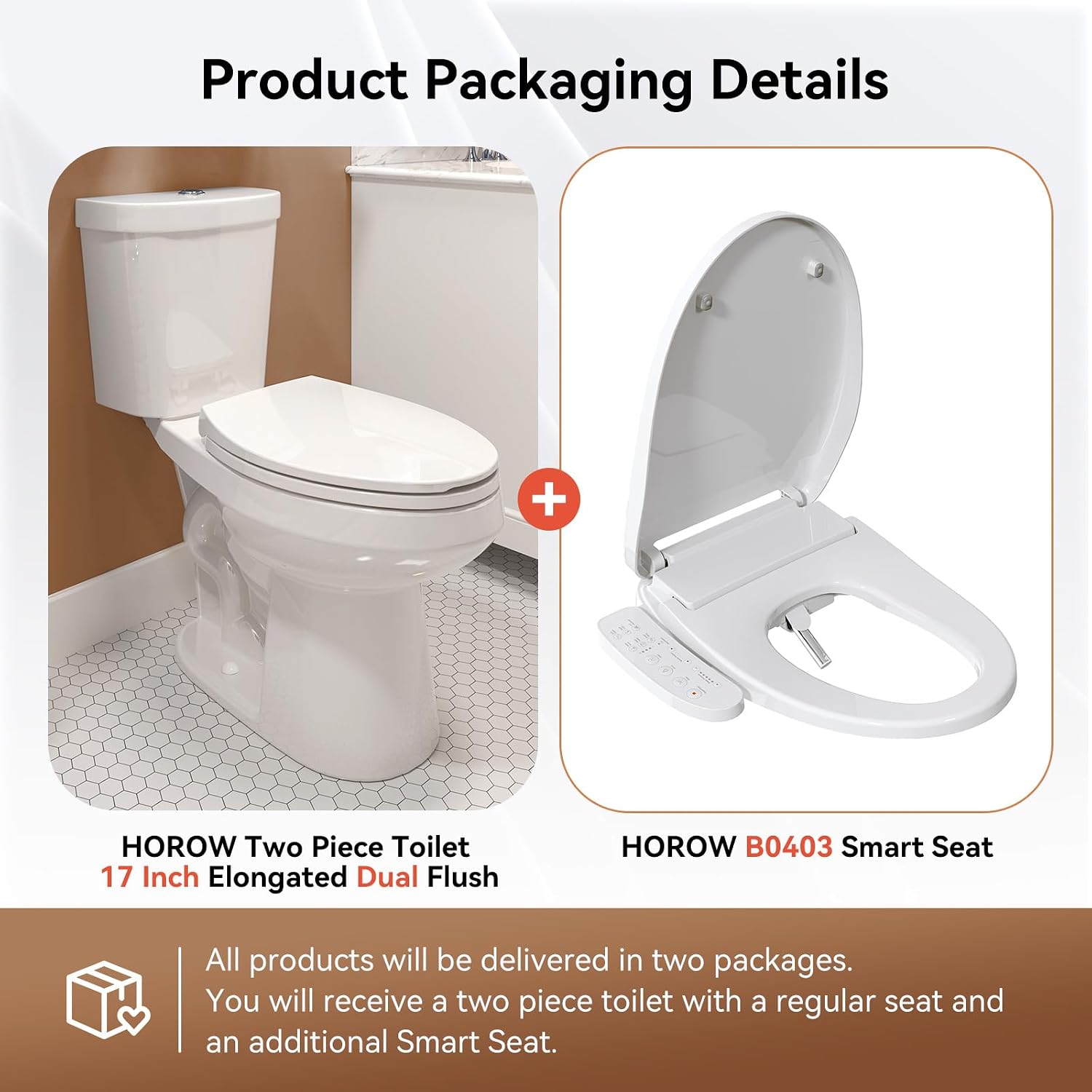 HOROW Two-Piece Elongated Tall Toilet with Smart Seat, 17 Inch ADA Height Toilet with Heated Seat, Powerful 1.1/1.6 GPF Dual Flush toilet, MAP 1000g, 12' Rough In High Bowl for Seniors, White