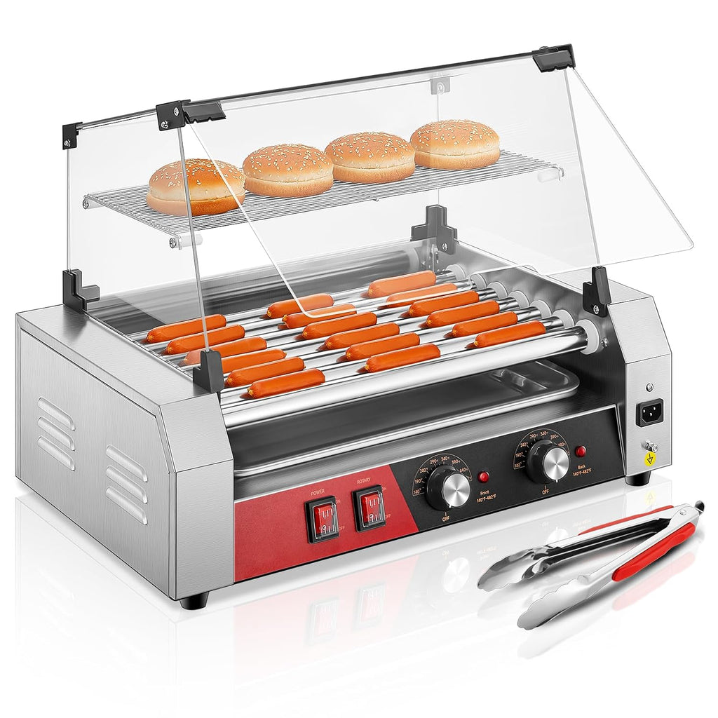 HOUSNAT Hot Dog Roller, 7 Rollers 18 Hot Dog Capacity,1050W Stainless Steel Hot Dog Machine with Bun Shelf, Drip Tray, Glass Cover & Dual Temp Control for for Kitchen, Party, and Canteen Use