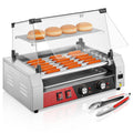 HOUSNAT Hot Dog Roller, 7 Rollers 18 Hot Dog Capacity,1050W Stainless Steel Hot Dog Machine with Bun Shelf, Drip Tray, Glass Cover & Dual Temp Control for for Kitchen, Party, and Canteen Use
