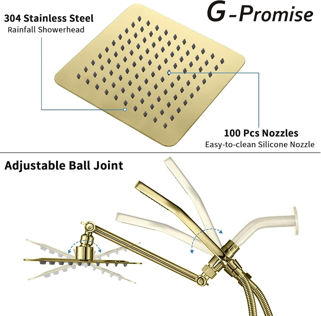 G-Promise All Metal 8 Inch Dual Square Shower Head with Handheld Spray Combo, Rain Shower Head, Adjustable Extension Arm, 3-Way Diverter, 71 Inch Extra Long Hose - A Bathroom Upgrade (Polished Brass)
