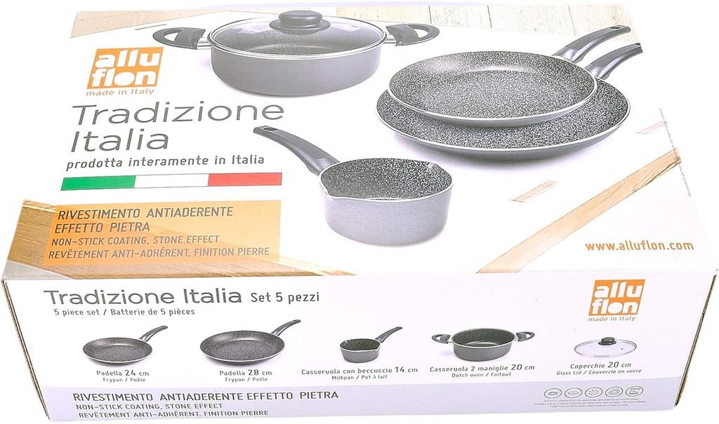 ALLUFLON Tradition Italia Battery 5 Pieces, Frying Pan 24-28 cm, Casserole 1 Handle 14 cm, Casserole 2 Handles 20 cm and Lid 20 cm, Aluminium