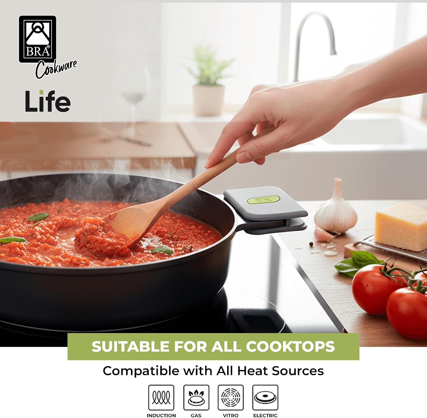 BRA COOKWARE Life Ceramic Nonstick Sauté Pan w/Glass Lid | 12.6 Inch 4.79 Quart Recycled Aluminum Deep Pan | Dual-Handle Braiser | Ceramic Non-Stick Coating | PFOA Free | All Cooktops & Oven Safe
