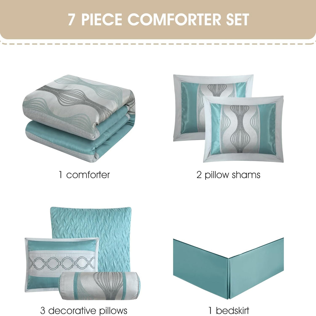 Grand Avenue 7 Piece Beige Comforter Set, Queen Size Jacquard Bedding Set, All Season Geometric Patchwork Bedding Set, Matching Pillows, Shams, Bed Skirt
