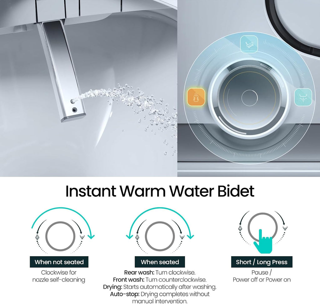 R&T V3200 Elongated Bidet Toilet Seat with Heated Seat, Instant Warm Water & Air Dry, LED Nightlight, Deodorizer - Electric Bidets with Adjustable Water Pressure, Stainless Steel Nozzle