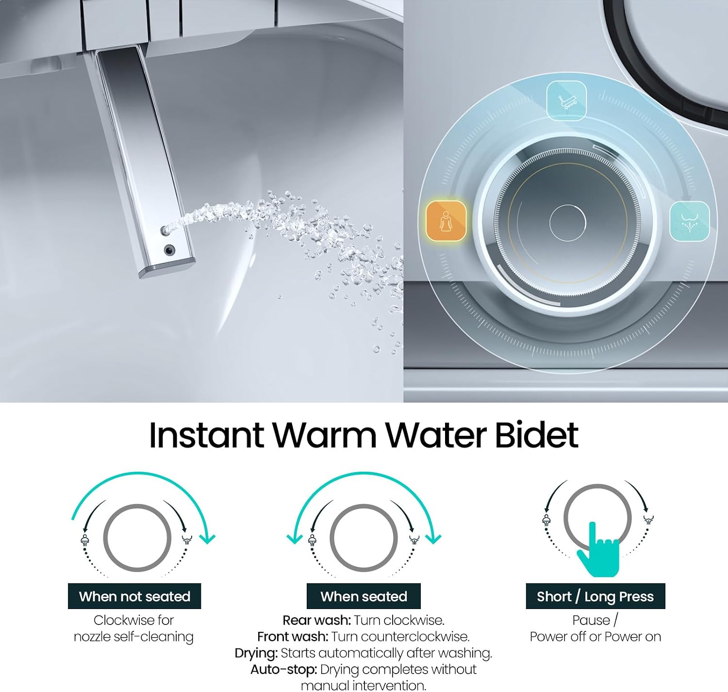 R&T V3200 Elongated Bidet Toilet Seat with Heated Seat, Instant Warm Water & Air Dry, LED Nightlight, Deodorizer - Electric Bidets with Adjustable Water Pressure, Stainless Steel Nozzle