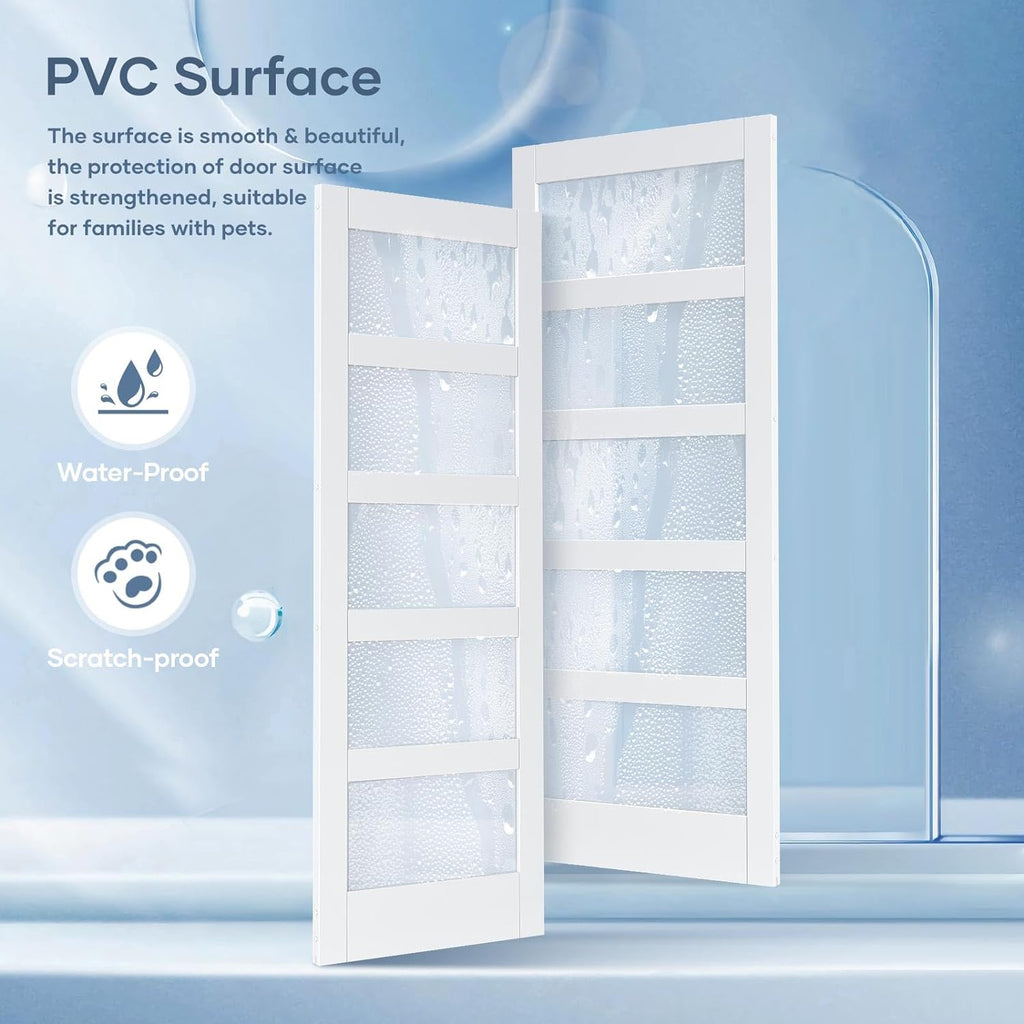 24x84 Inch Glass Sliding Barn Door Slab and 4ft Hardware Kit Included, 5 Frosted Glass, LVL Wood Panel Covered with White Water-Proof Scratch-Proof PVC Surface, Simple DIY Assembly