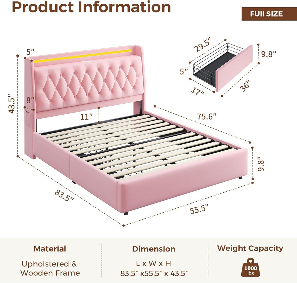 Full LED Velvet Bed Frame with 2 Storage Drawers&Hidden Headboard, Upholstered Platform Bed with Charging Station&Button Tufted Design, Wooden Slats Support, Box Spring Optional, Easy Assembly, Pink