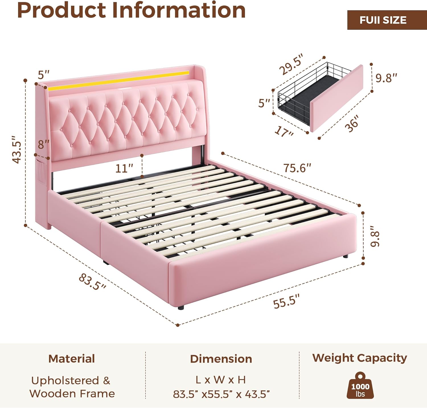 Full LED Velvet Bed Frame with 2 Storage Drawers&Hidden Headboard, Upholstered Platform Bed with Charging Station&Button Tufted Design, Wooden Slats Support, Box Spring Optional, Easy Assembly, Pink
