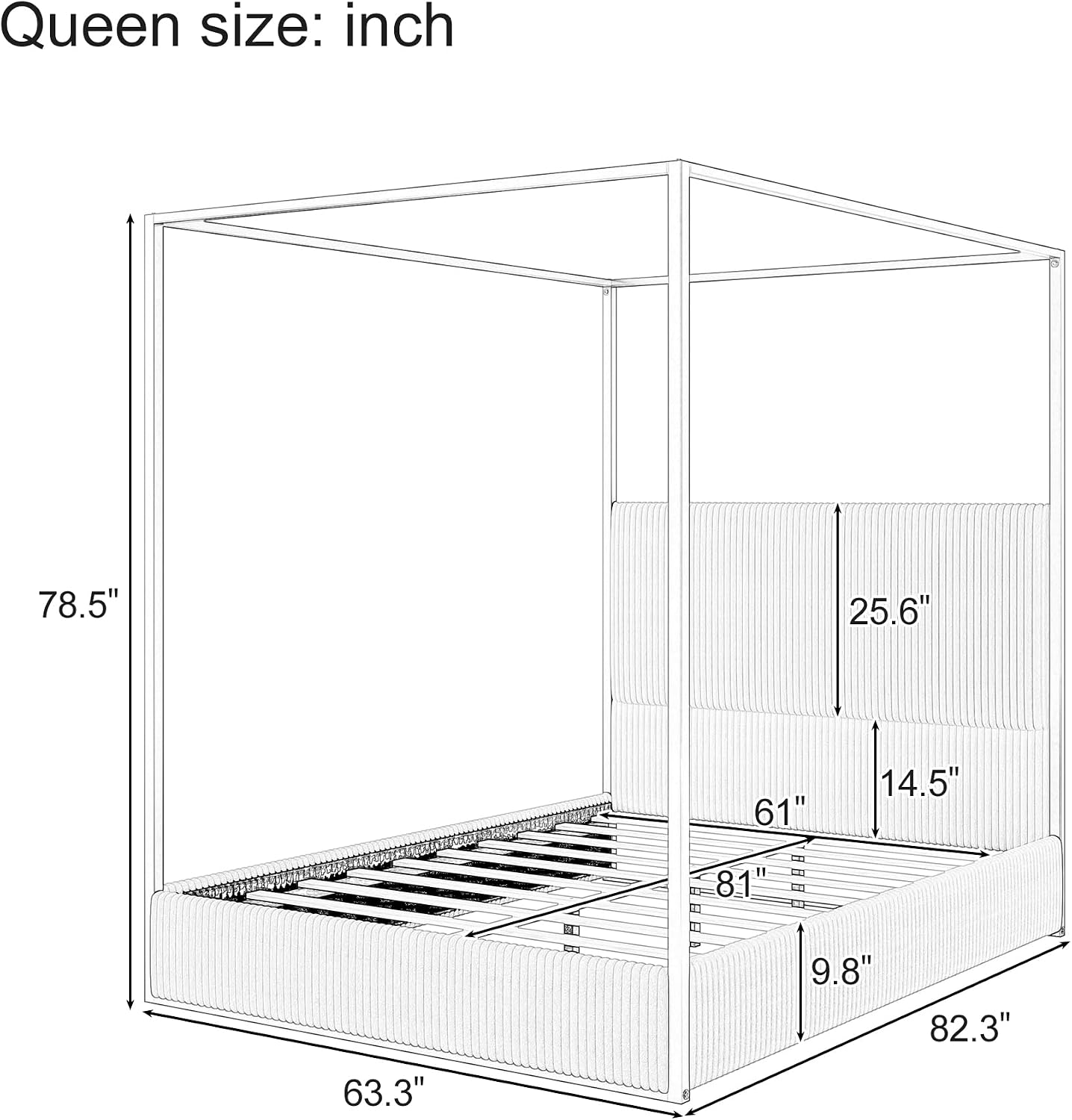 Queen Size Canopy Bed with Tall Upholstered Channel Headboard, Metal 4 Poster Upholstered Bed, No Box Spring Needed (Black + White, Queen)