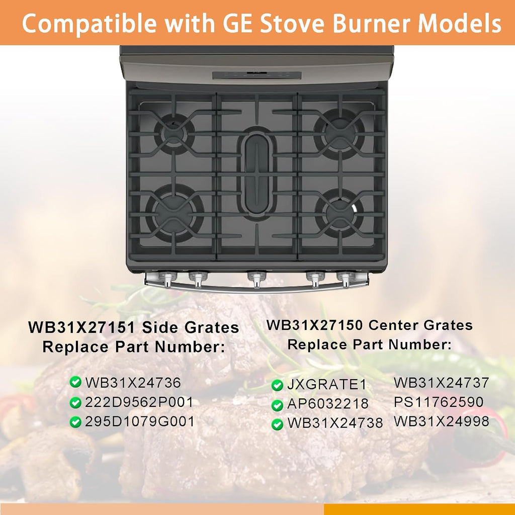 WB31X27151 Side Grate & WB31X27150 Center Grate Replacement Parts Kit for GE Stove, Cast Iron General Electric Cooktop Gas Range Burner Grates for JGBS66REKSS JGB735SPSS, 2+1 Pack Stove Grate