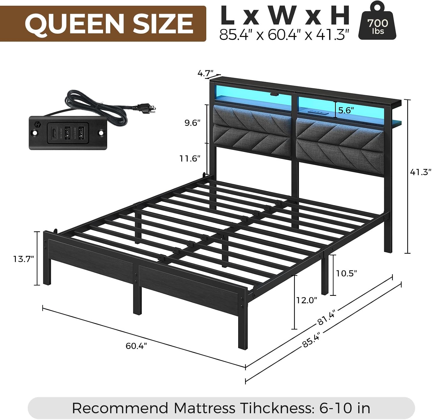 Seventable Bed Frame Queen Size with Charging Station, LED Bed with Upholstered Storage Headboard, Metal Platform Bed with Under Bed Storage, No Box Spring Needed, Noise Free, Easy Assembly, Grey
