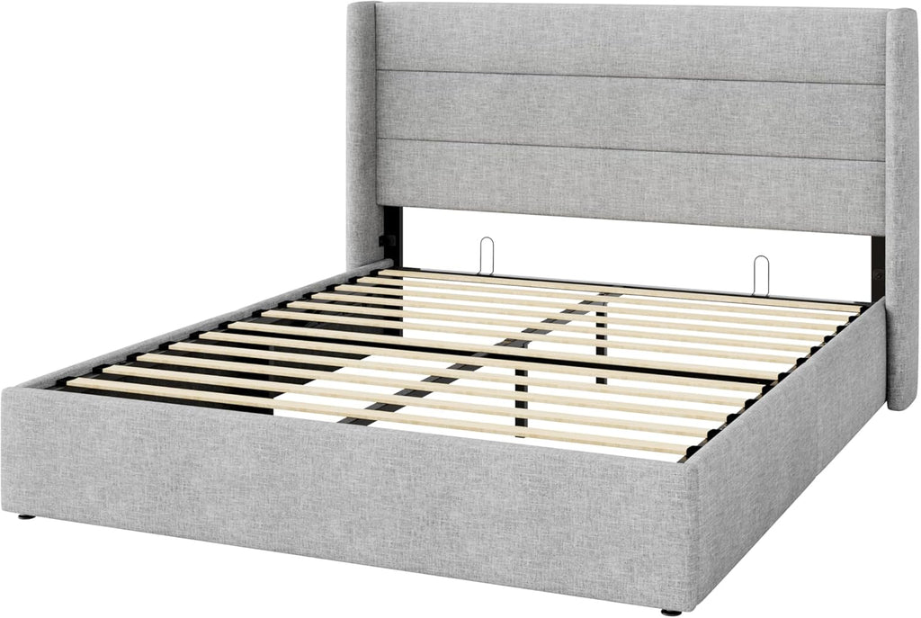 SHA CERLIN Full Size Lift Up Storage Bed/Modern Wingback Headboard/Upholstered Platform Bed Frame/Hydraulic Storage/No Box Spring Needed/Wood Slats Support/Light Grey