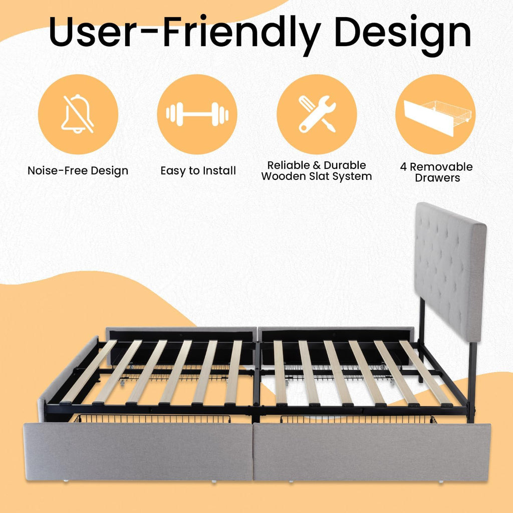 SHA CERLIN Upholstered Queen Size Platform Bed Frame with 4 Storage Drawers, Adjustable Headboard with Diamond Stitched Button Tufted Design, Wooden Slat Support, No Box Spring Needed, Light Grey