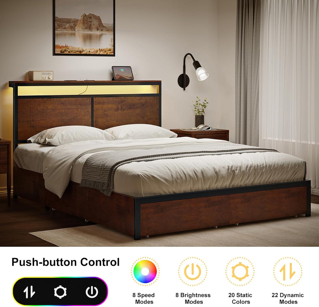 HAUSOURCE Queen Bed Frame with 4 Storage Drawers Metal Platform Bed Frame Queen Size with Headboard Charging Station LED Lights Non-Slip Without Noise No Box Spring Needed
