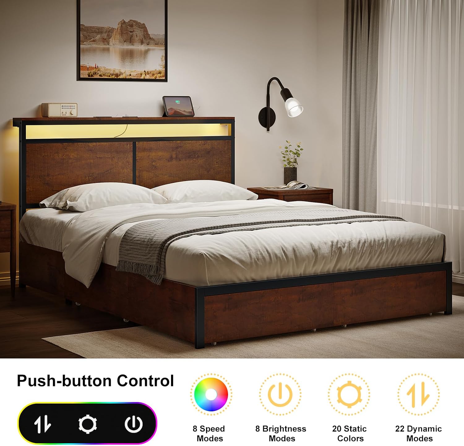 HAUSOURCE Queen Bed Frame with 4 Storage Drawers Metal Platform Bed Frame Queen Size with Headboard Charging Station LED Lights Non-Slip Without Noise No Box Spring Needed