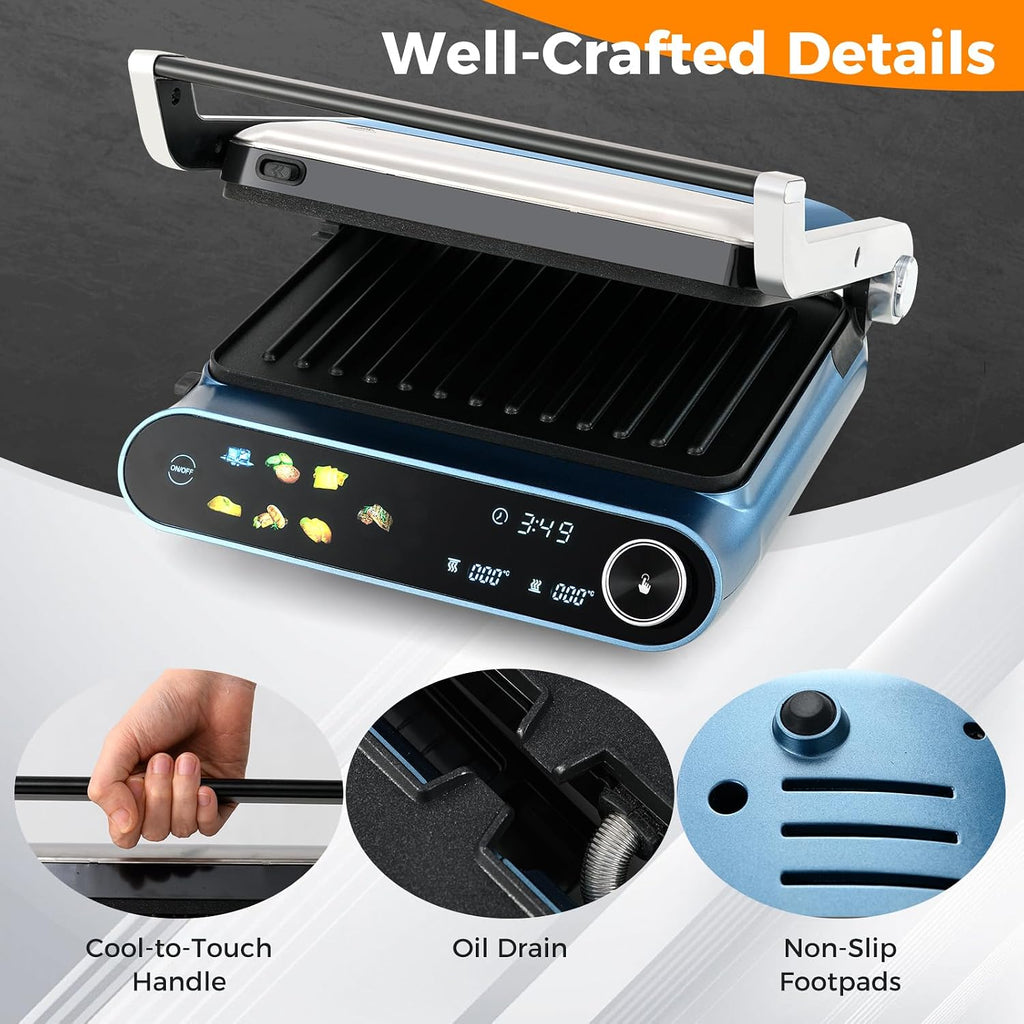 Electric Grill Indoor, Panini Press Sandwich Maker with Non-stick Reversible Grill Plates, Drip Tray & LED Display, 7 Grilling Modes, Dishwasher Safe, 1200W