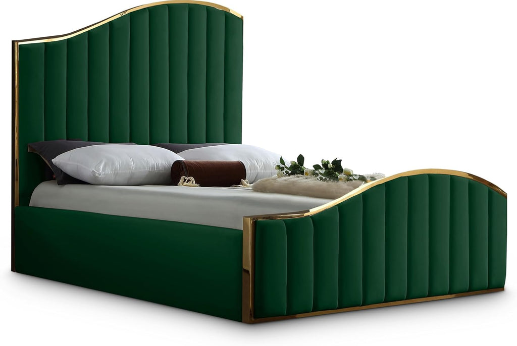 Meridian Furniture Jolie Collection Modern | Contemporary Velvet Upholstered Bed With Channel Tufting, And Polished Gold Metal Frame, Green, King