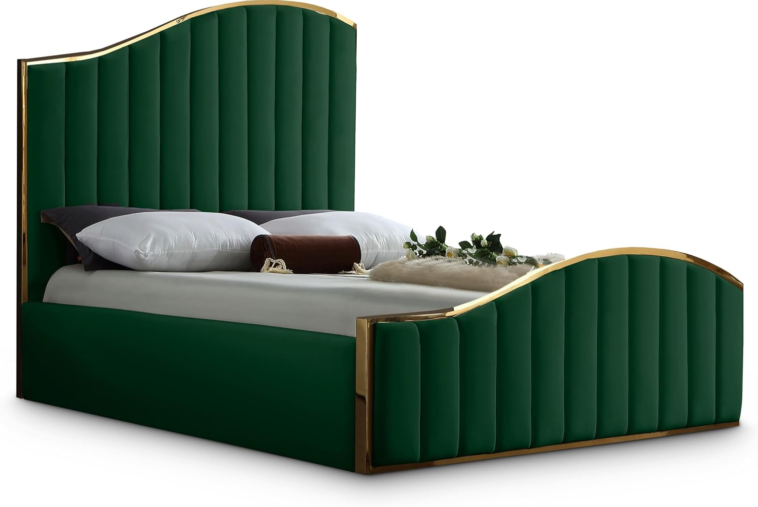 Meridian Furniture Jolie Collection Modern | Contemporary Velvet Upholstered Bed With Channel Tufting, And Polished Gold Metal Frame, Green, King