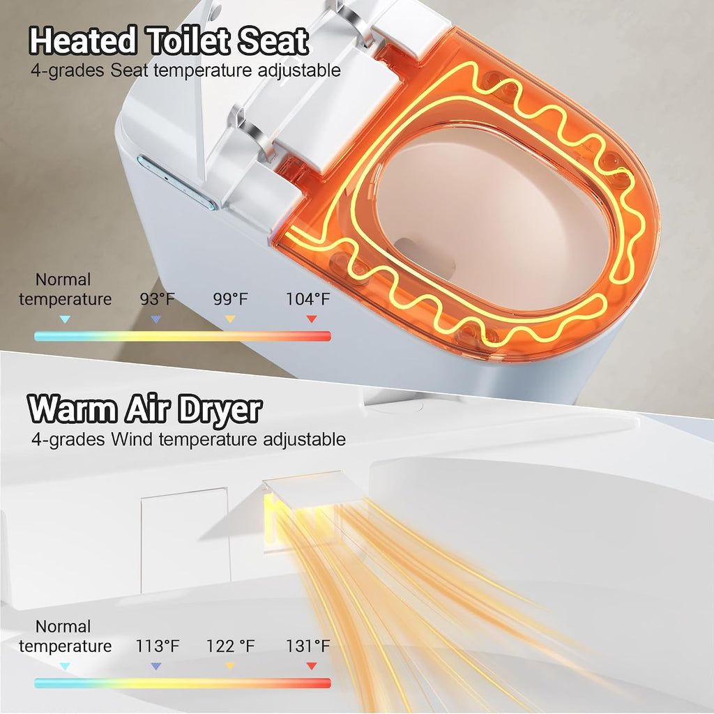 Smart Toilet with Bidet Built in, Modern Tankless Toilet for Bathroom with Heated Seat and Night Light, One Piece Toilets with Soft Close, Dryer, Foot Sensor, Auto Lid&Seat/Dual Auto Flush