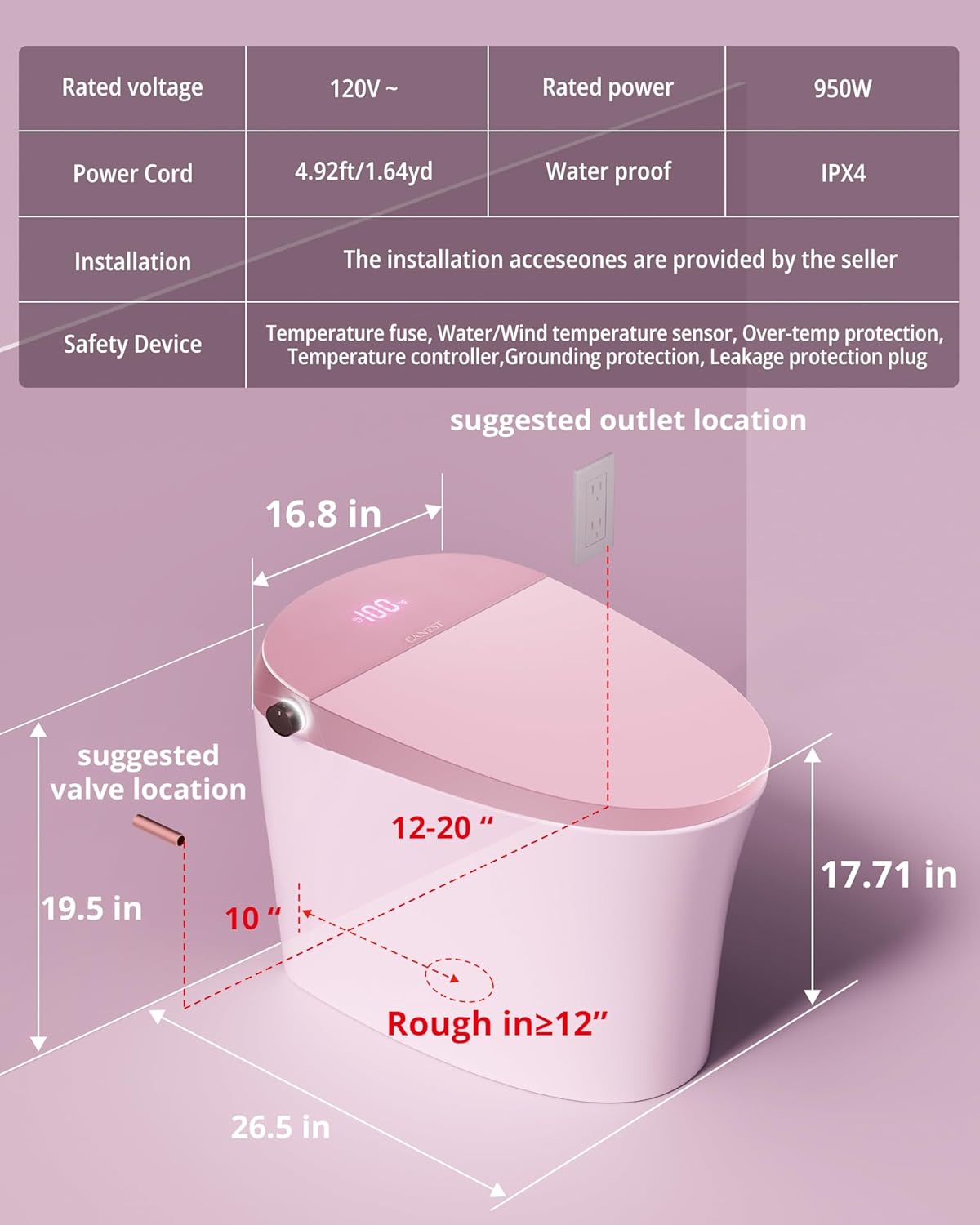 CANEST Pink Smart Toilet with Bidet Built In, ADA Comfort Height Bidet Toilet with Tank, Auto Open&Close Lid, Adaptive Heated Seat Warm Water Dryer, Foot Sensor, 1000g MAP Flush, Remote Control