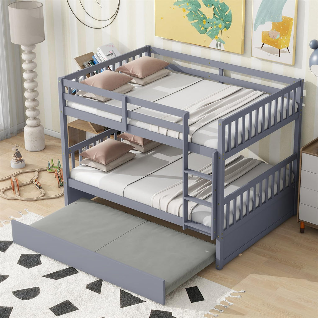 Harper & Bright Designs Full Over Full Bunk Bed with Twin Size Trundle, Separatable 2 Beds in 1, Wooden Bed Frame with Ladder, Grey