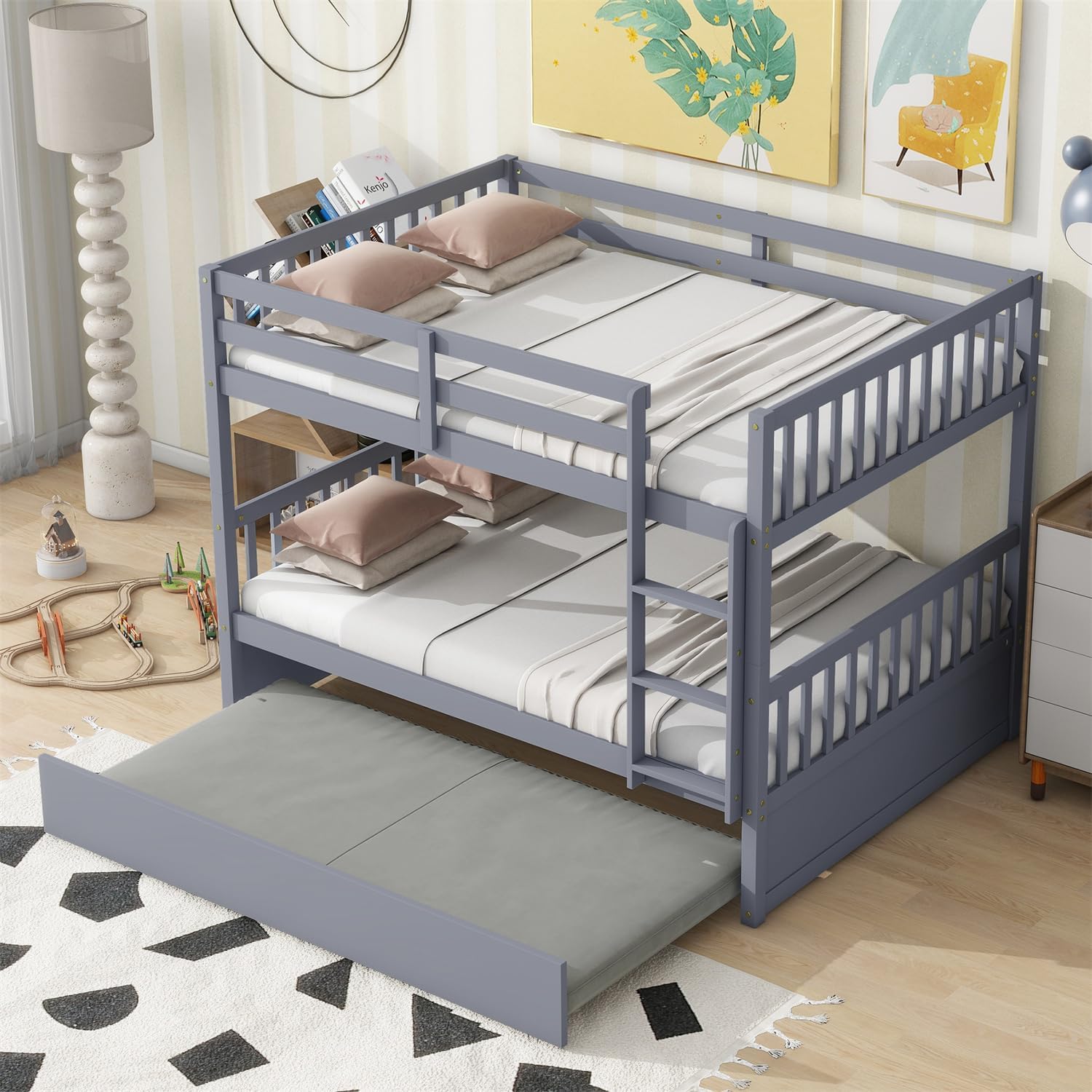 Harper & Bright Designs Full Over Full Bunk Bed with Twin Size Trundle, Separatable 2 Beds in 1, Wooden Bed Frame with Ladder, Grey
