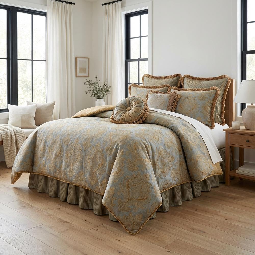 Michael Amini Elizabeth Blue Comforter Set 13-Piece King with Rayon and Polyester Face, Polyester Jacquard Back, Soft Breathable Bedding for Luxurious Bedroom Comfort and Style