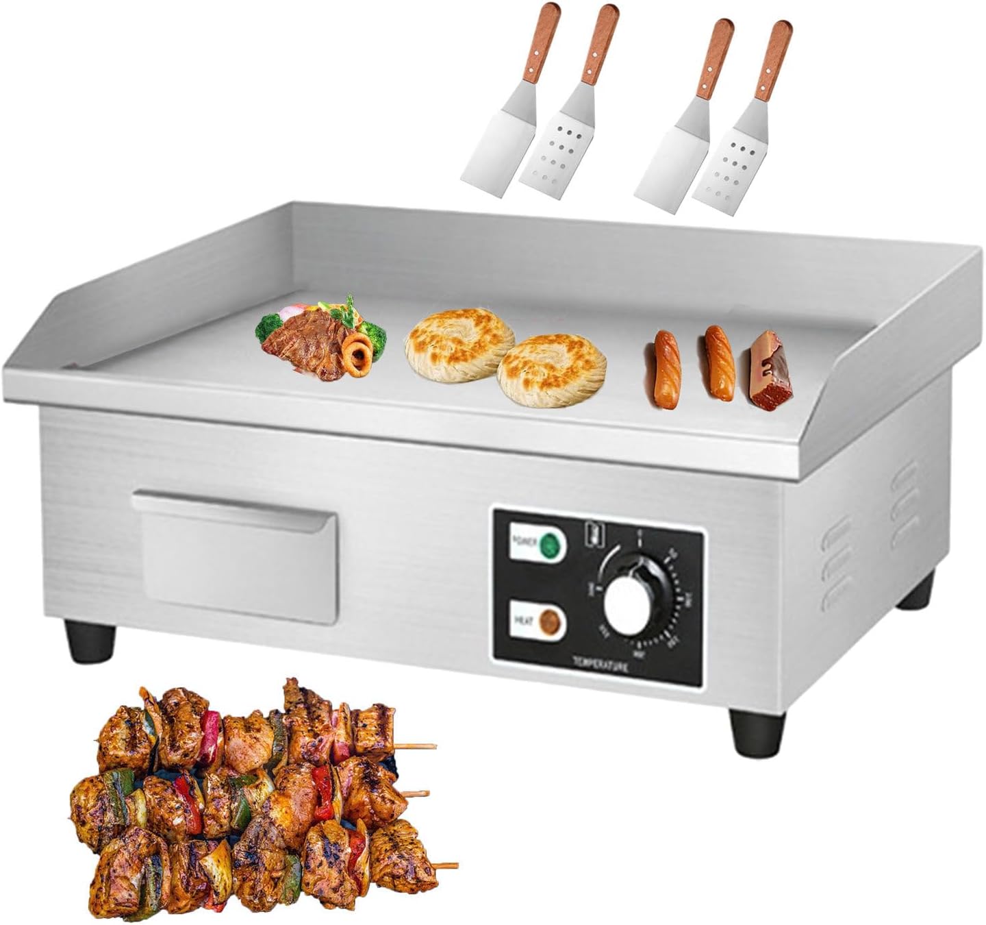 Commercial Electric Griddle & Electric Flat Top Grill & Stainless Steel Hotplate Steak Bacon Fryer for Restaurant, Temperature Control Range: 50-300°C,1500W，1500W