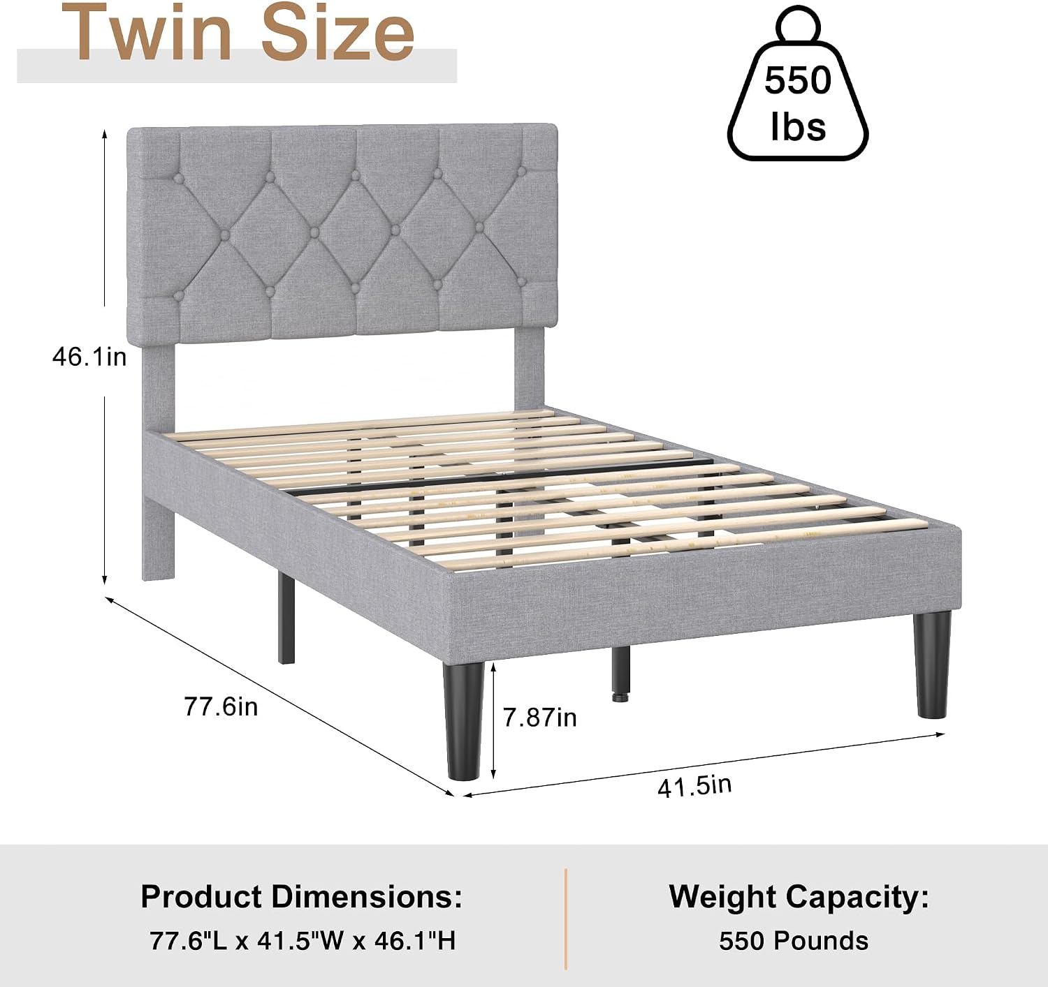 VECELO Twin Bed Frame with Button Tufted Headboard, Upholstered Platform Bedframe with Wood Slat Support, No Box Spring Needed, Dark Grey