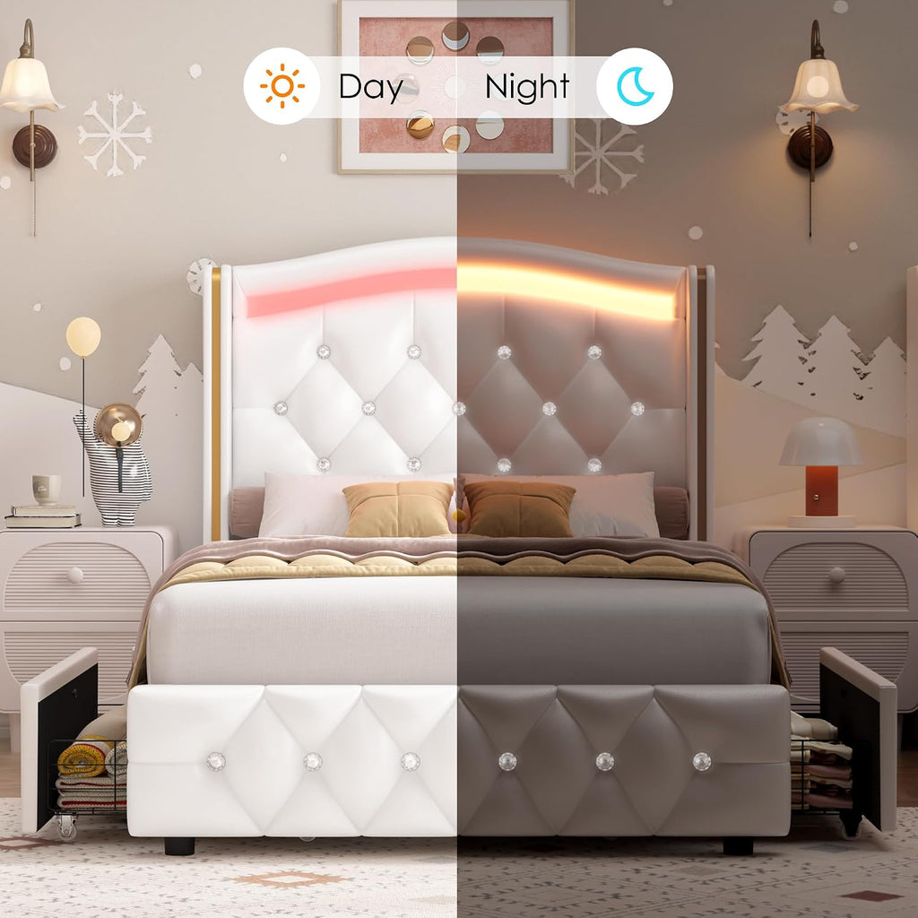 HIFIT Upholstered Twin LED Bed Frame with Crystal Button-Tufted Headboard & 4 Storage Drawer, Modern PU Princess Twin Size Platform Bed Frames for Kids/Girls, No Box Spring Needed/Easy Assembly, White