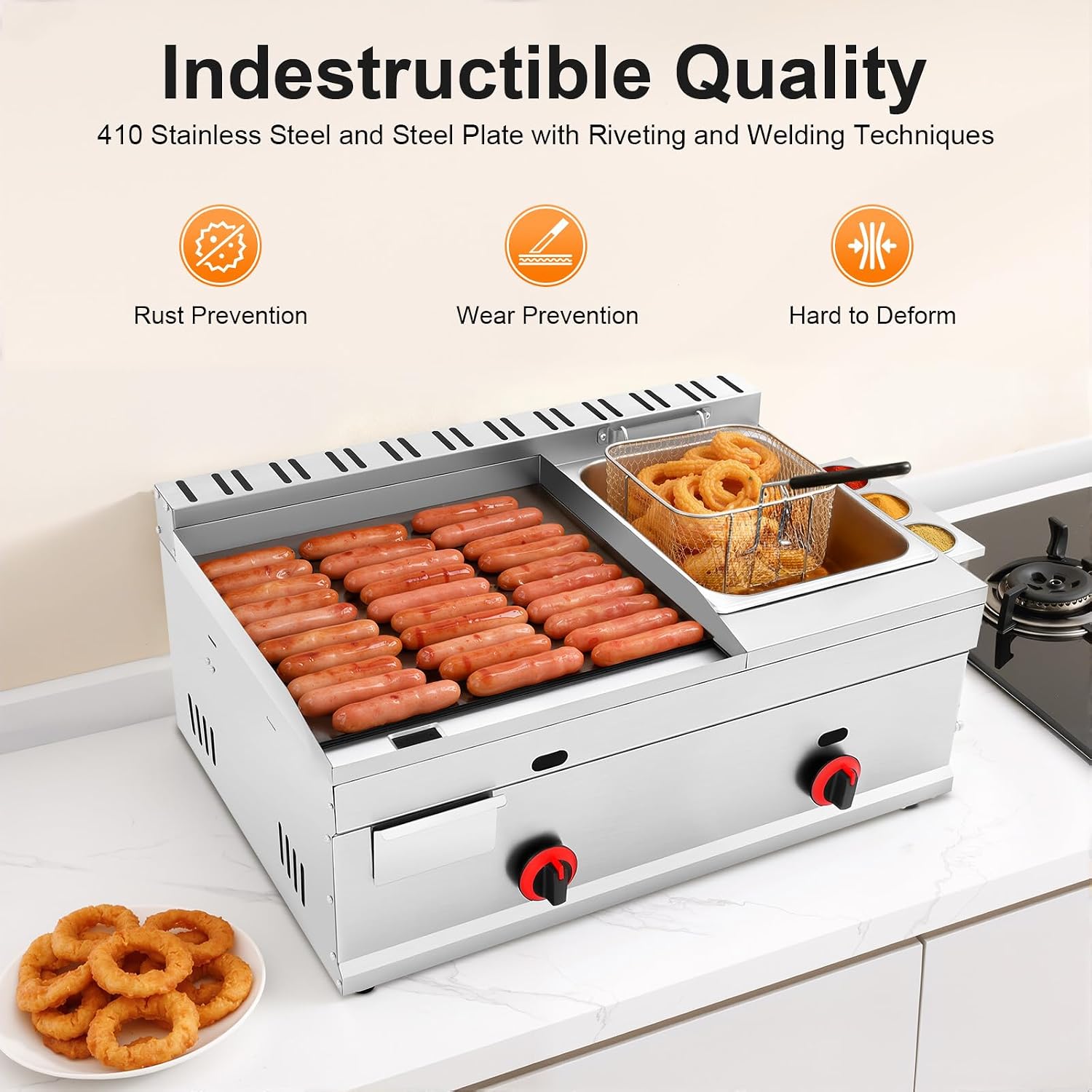 Commercial Flat Top Gas Propane Griddle Grill BBQ Hot Plate Grill + Deep Fryer, for Restaurants, Shopping Malls, Fast Food Shops, Snack Bars, Etc