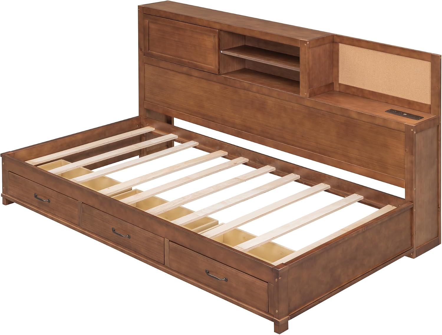 Merax Twin Size Wooden Daybed with 3 Storage Drawers,Headboard with Shelf,A Set of Sockets and USB Ports,Brown