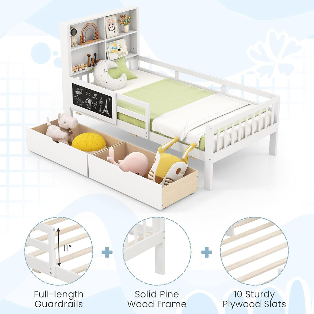 Giantex Twin Bed with 2 Storage Drawers, Solid Wood Kids Bed Frame w/Bookcase Headboard & Blackboard, Full-Length Guardrails & Wooden Slats Support, Twin Bed Frames for Kids Boys Girls, White