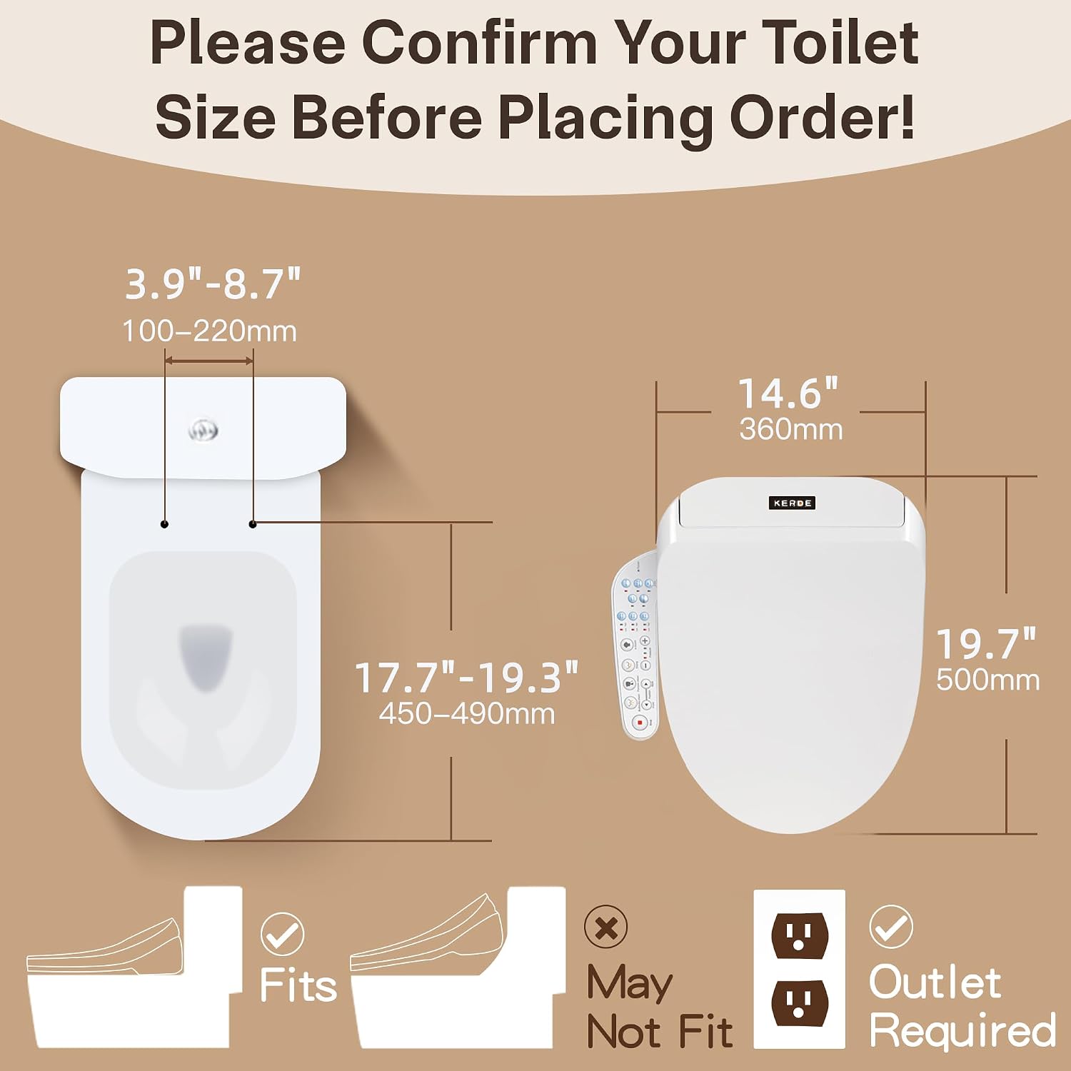 KERDE P30B Bidet Toilet Seat - Dual Control (Side Panel & Remote), Warm Water Wash, Heated Seat, Warm Air Dryer, LED Night Light,Existing Toilets Electric Bidet Elongated Electronic Heated Smart