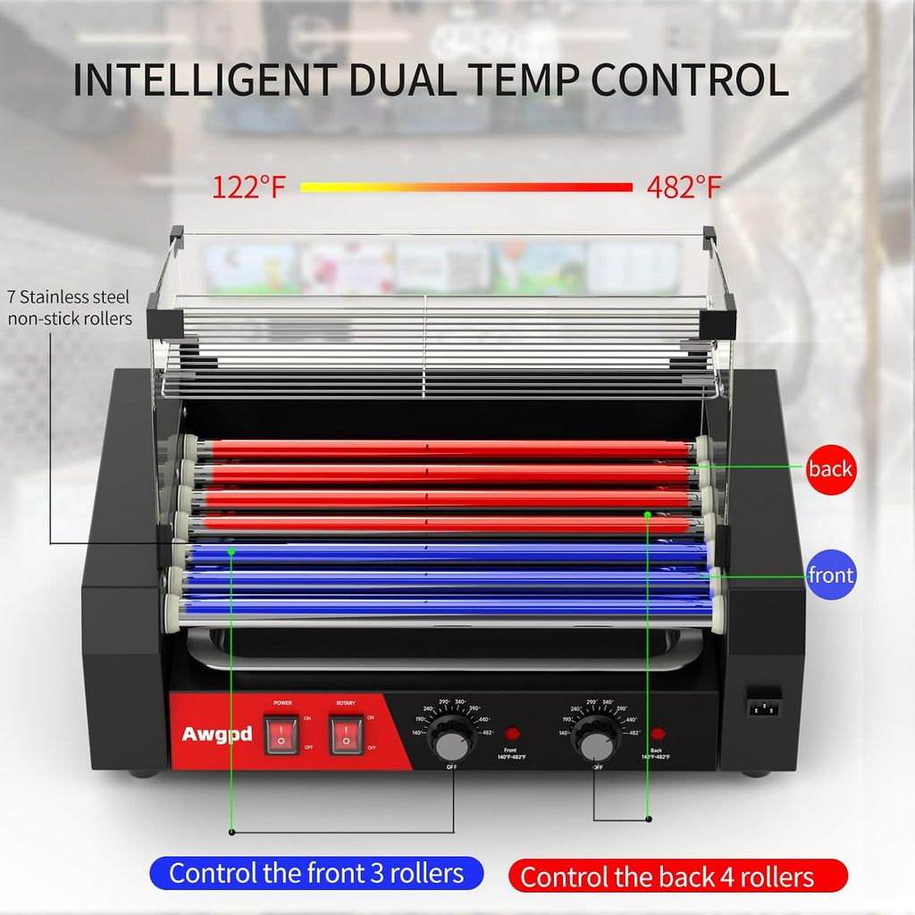 Hot Dog Roller, 18 Hot Dog 7 Rollers, Stainless Steel Hot Dog Cooker, 1050W Commercial Hot Dog Machine with Dual Temp Control, Cover, Removable Shelf & Oil Drip Tray(7 Rollers+Cover)