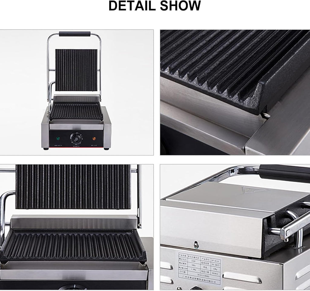 1800W Panini Grill, Sandwich Maker, Commercial Smokeless Indoor Grill, Removable Plates, Stainless Steel, For Steak, Hamburger, Waffle,220V