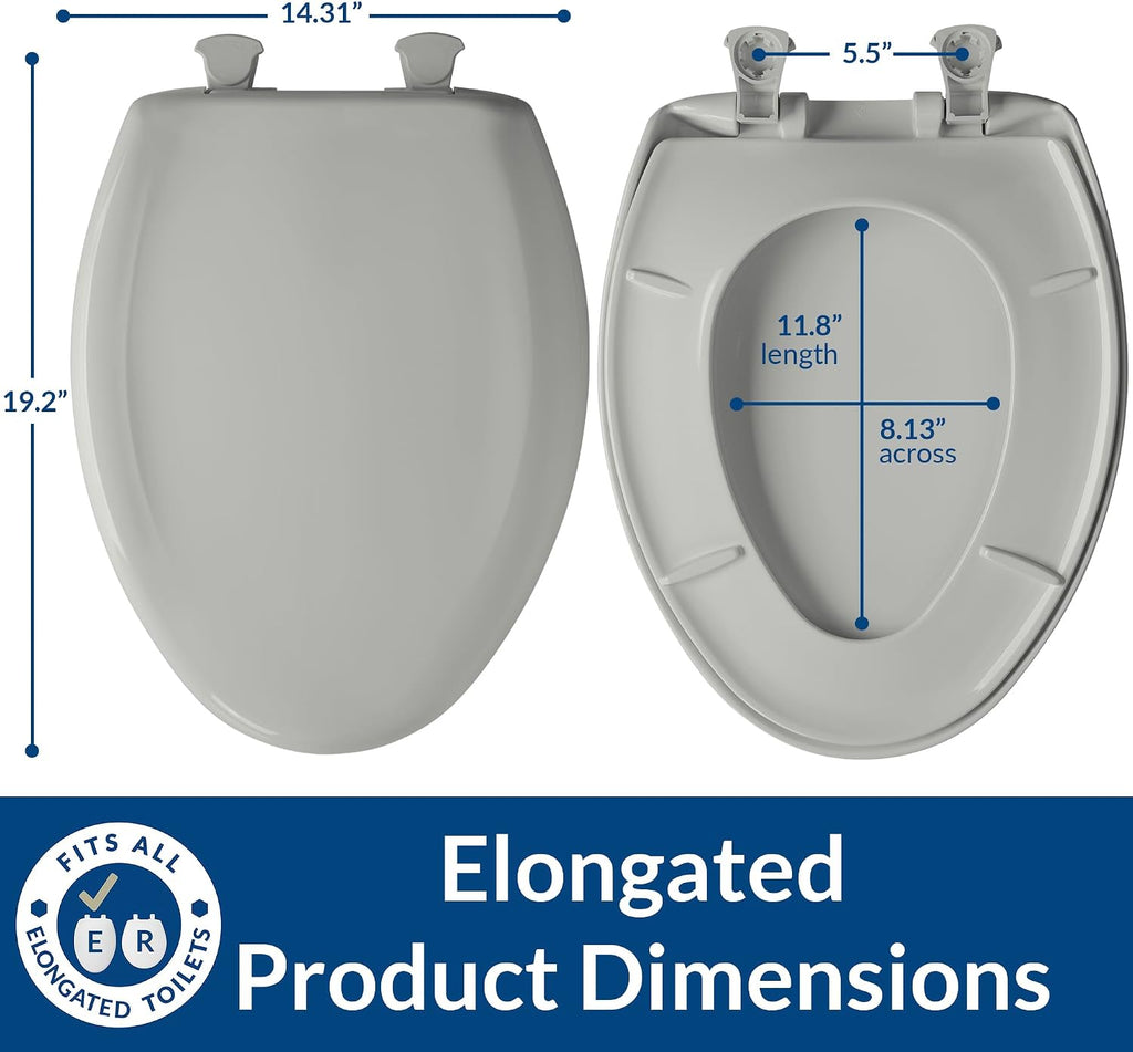 Bemis Classic Colors Slow Close Toilet Seat, Easy Clean Hinges and Durable Plastic Seat, Made in USA, Elongated, Silver