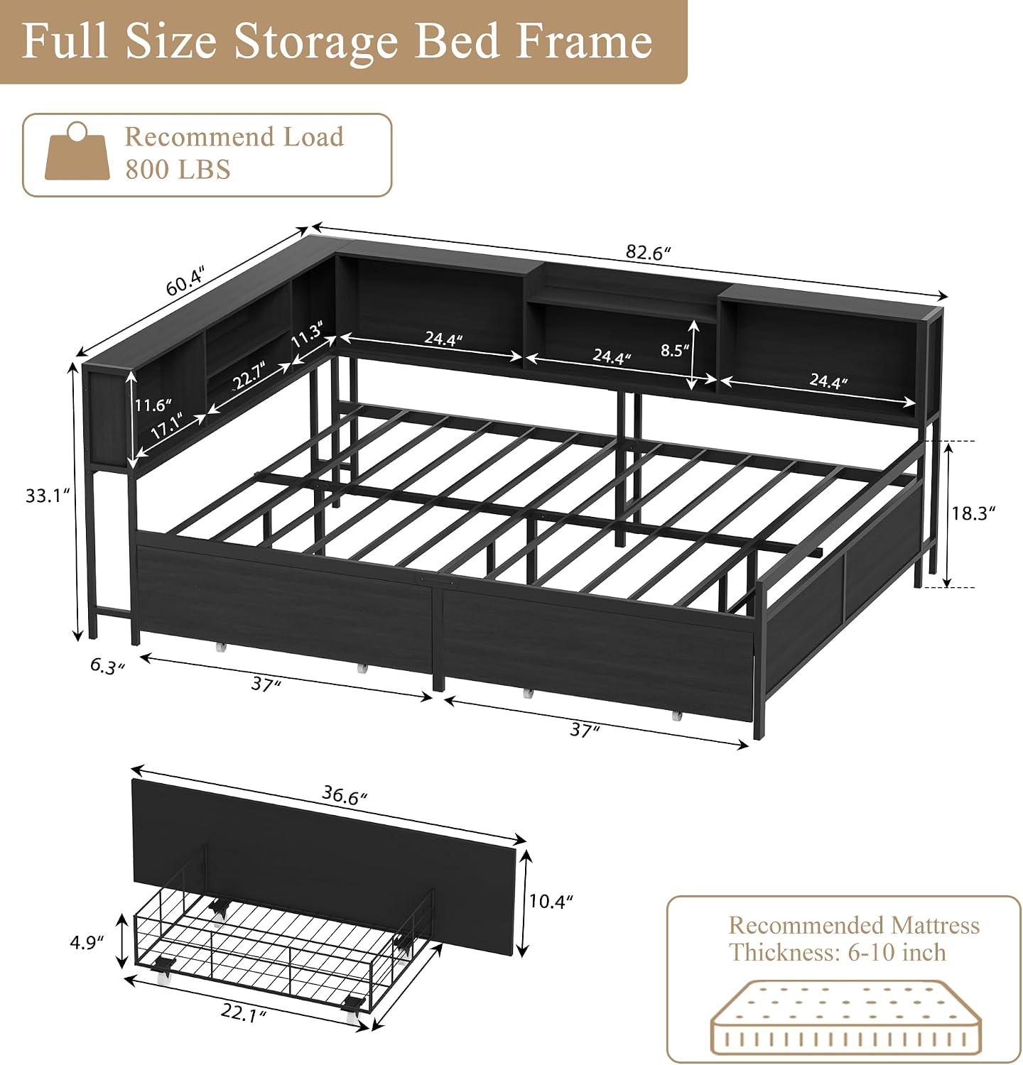 Full Size Corner Bed Frame with 8 Bookcase Headboard & 2 Storage Drawers, Full Metal Platform Bed with Charging Station, Full Daybed for Kids Teens Guests, Black