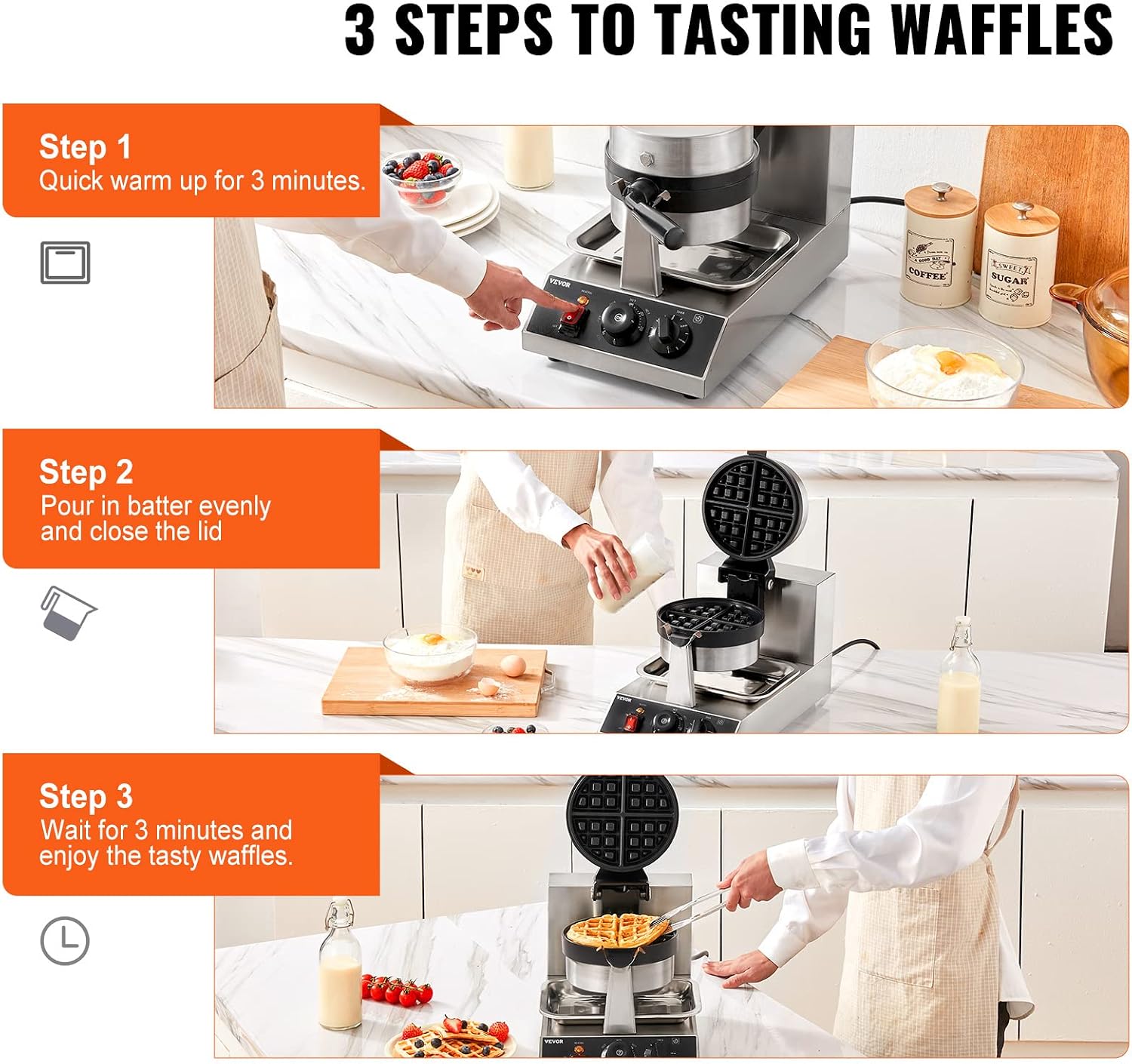 VEVOR Commercial Waffle Maker, 1300W Round Waffle Iron, Non-Stick Rotatable Waffle Baker Machine With 122-572℉ Temp Range and Time Control, Teflon-Coated Baking Pan Stainless Steel Body 110V