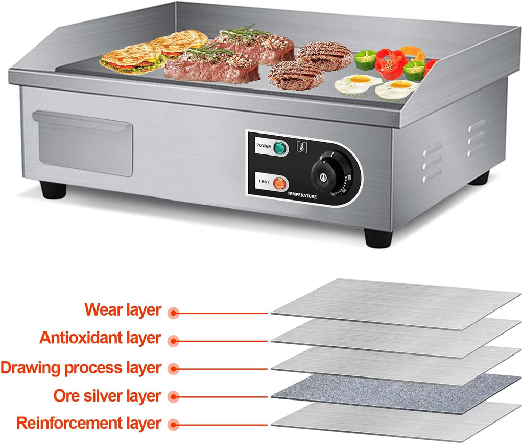 Shikha 22'' Electric Countertop Griddle,110V 3000W Non-Stick Commercial Restaurant Teppanyaki Grill Stainless Steel Adjustable Temperature Control 122°F-572°F